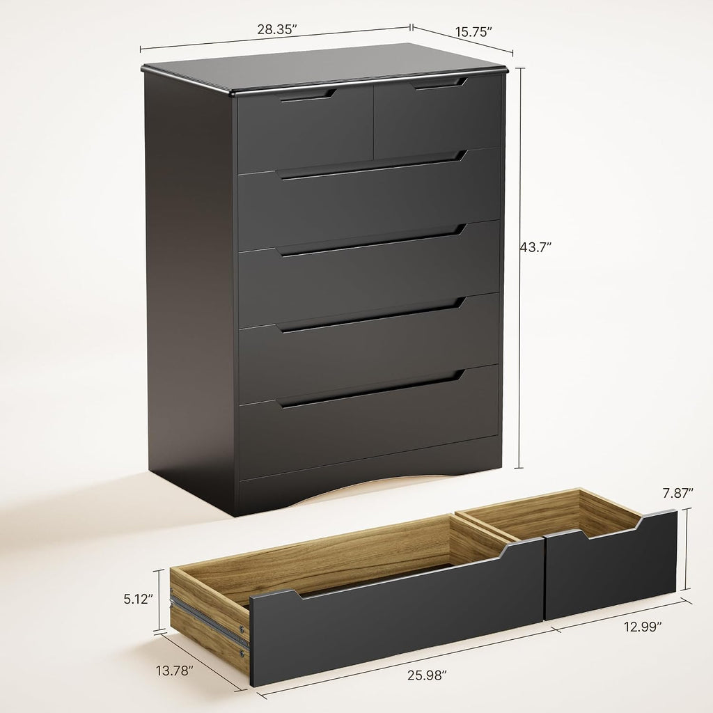 Gizoon 6 Drawer Dresser, Chest of Drawers with Large Storage, Black Dressers for Bedroom, Tall Dresser and Organizer with Anti-Tripping, Wooden Cabinet for Office, Living Room, Entryway
