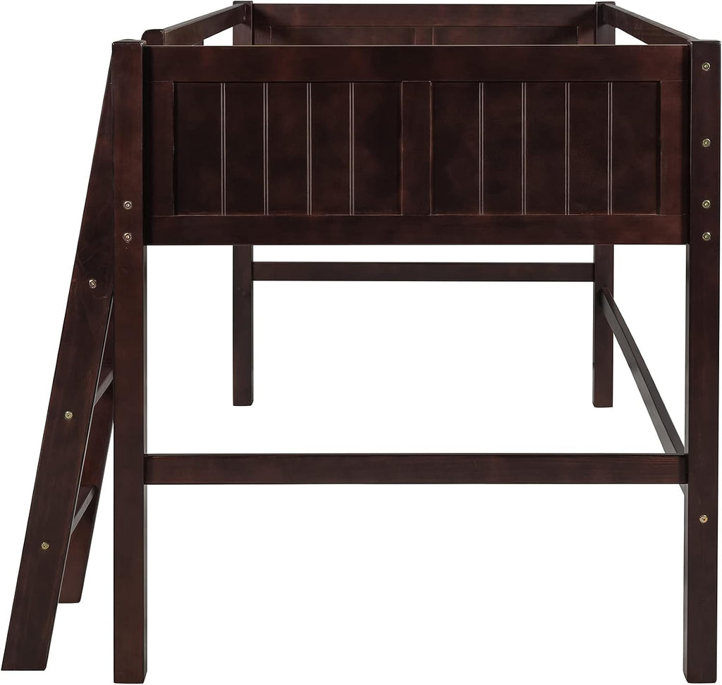 Twin Low Loft Bed with Inclined Ladder for Kids/Boys/Girls, Solid Wood, Full-Length Guardrail, No Box Spring Needed/Strong Slat Support (Espresso+Inclined Ladder)