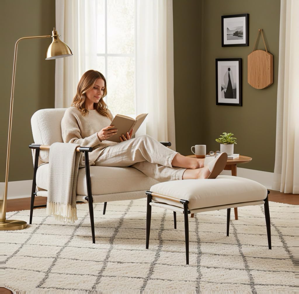 DUOMAY Cute Chenille Single Footrest, Upholstered Footstool with Black Metal Legs Mid Century Modern Vanity Room Ottoman Shoe Stool for Living Room Bedroom Dressing Room, Beige