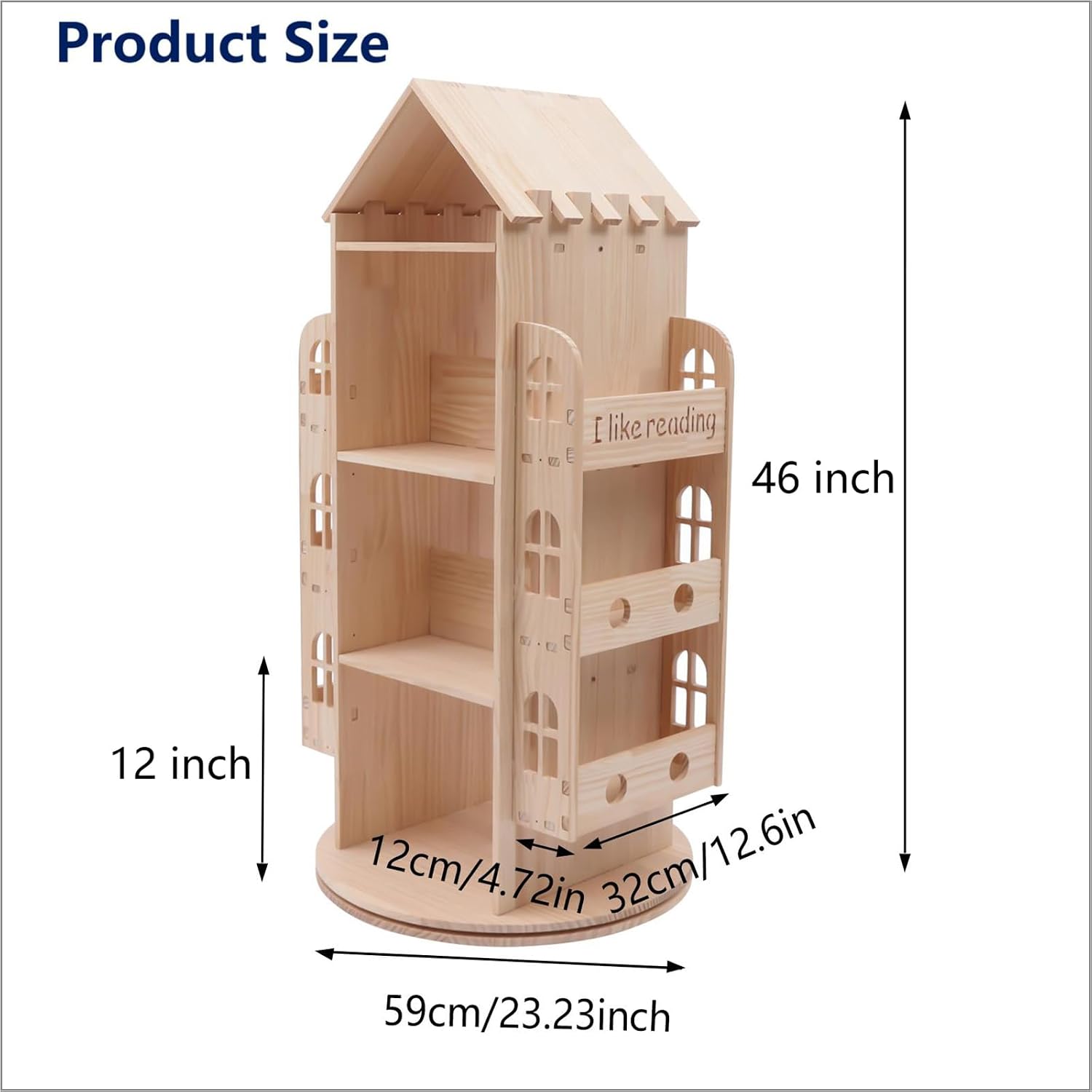 Gdrasuya10 Large Rotating Bookshelf 360 Degree, Wood Castle Bookshelf Bookcase Floor Standing Storage Book Shelf Display Children's Bookcase for Playroom Kidsroom