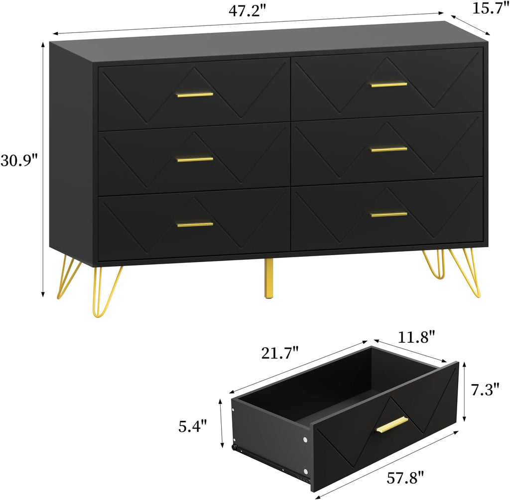 JOZZBY Dresser for Bedroom, 6 Drawer Black Wood Dresser with Gold Handles, Modern Storage Dressers & Chests of Drawers for Hallway, Entryway