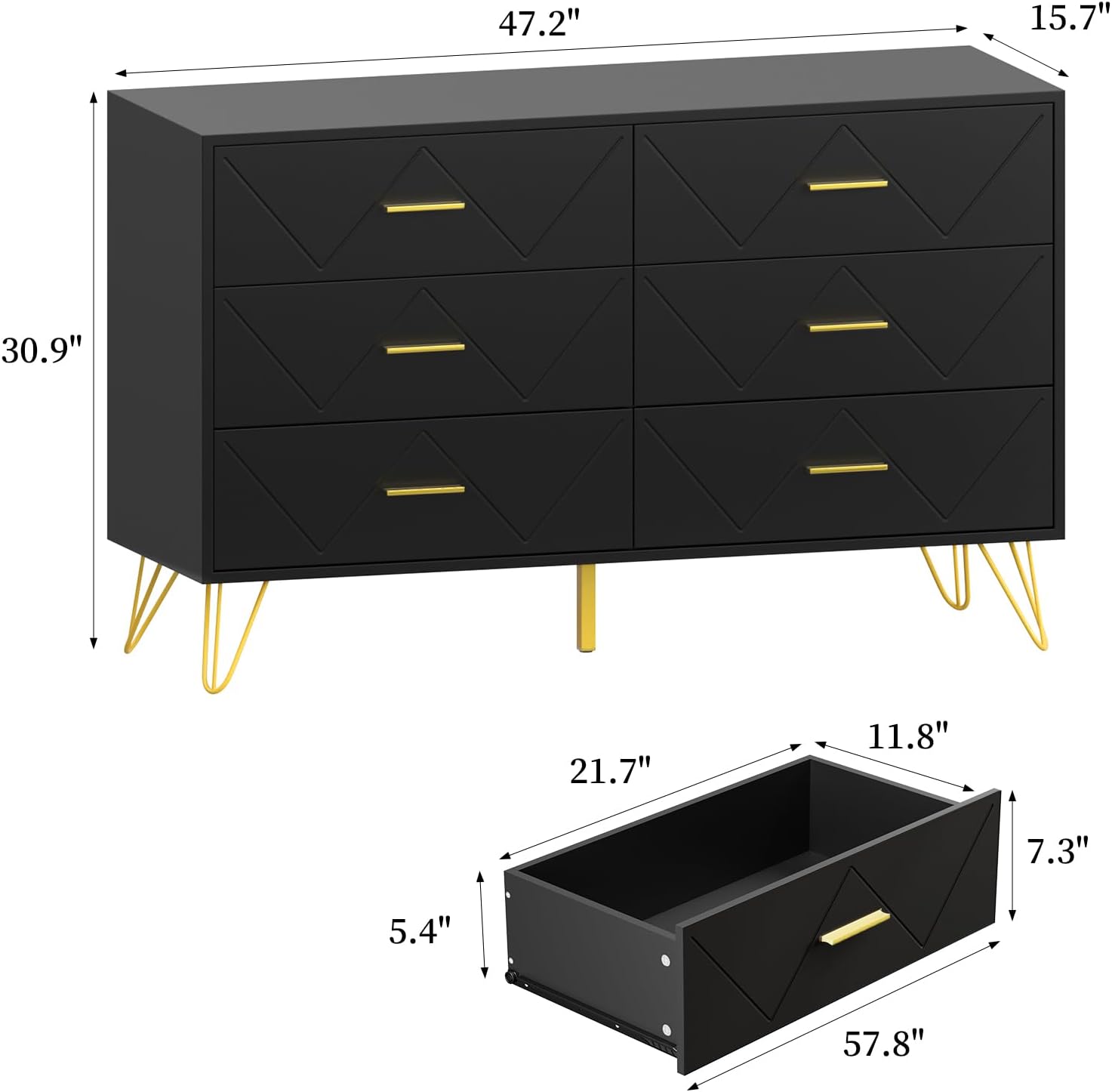 JOZZBY Dresser for Bedroom, 6 Drawer Black Wood Dresser with Gold Handles, Modern Storage Dressers & Chests of Drawers for Hallway, Entryway