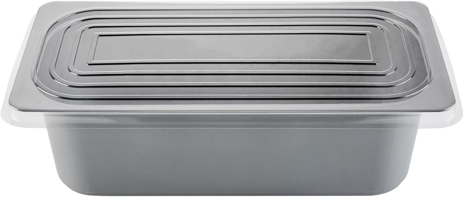 Restaurantware 5 Quart Ice Cream Tub, 100 Count, 5.28 Liter Capacity, Plastic Dessert Container, Rectangular Food Storage Box, Stackable Clear Lid, Gray