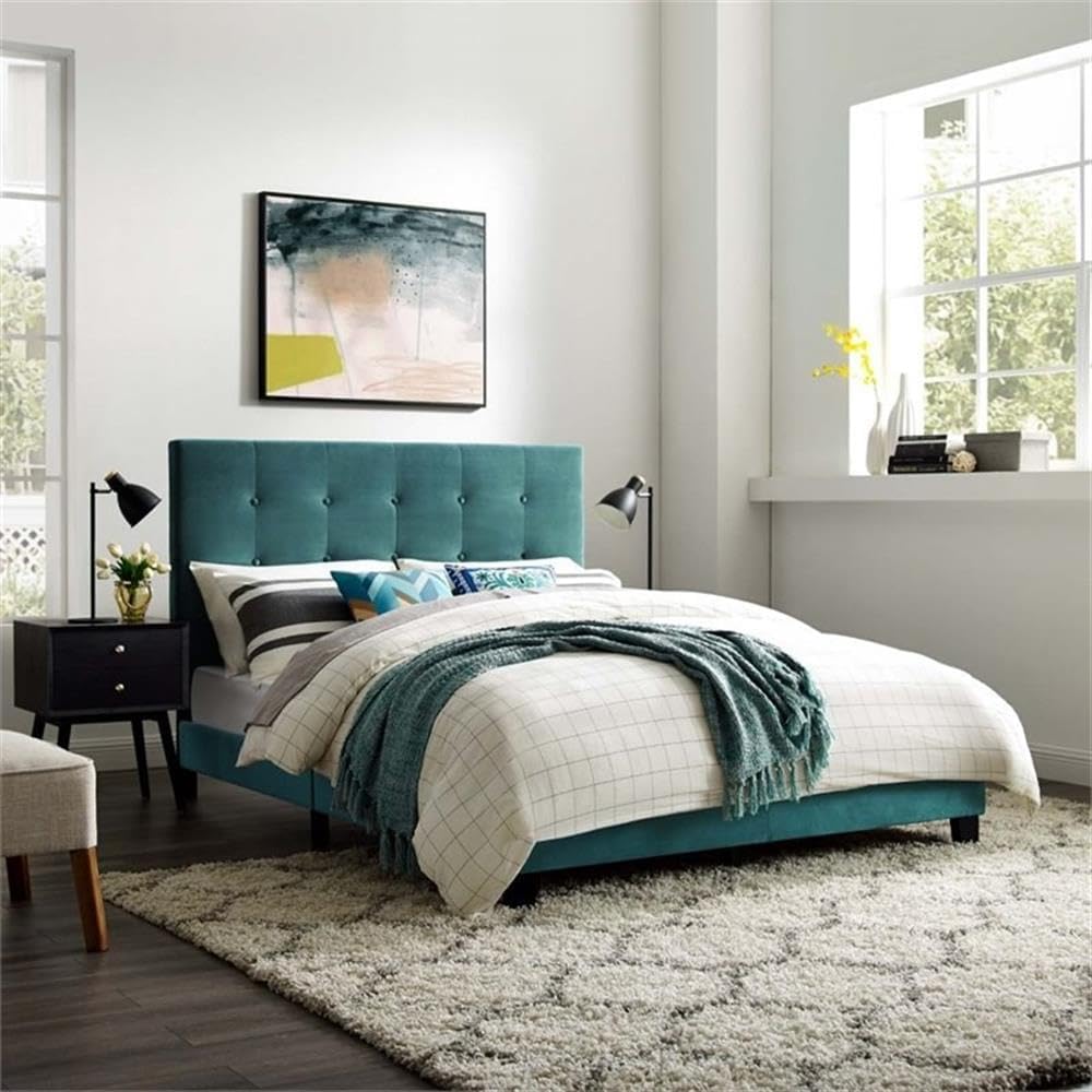 Modway Melanie Performance Velvet Upholstered Tufted Queen Platform Bed in Sea Blue
