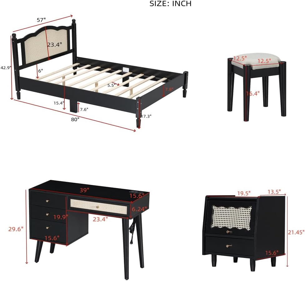3 Pieces Bedroom Set with Full Size Wooden Bed Frame, 1 Vintage Nightstand and 1 Makeup Vanity Set with Stool,Black (Black + Wood + Full + 3 Piece Set)
