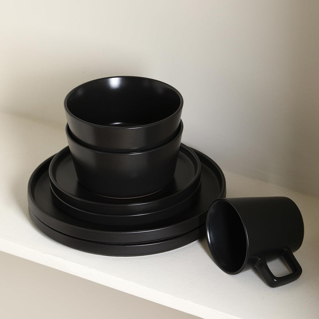 Stone Lain Celina Stoneware 32 Piece Modern Dinnerware Set, Plates and Bowls, Black Matte, Service for 8, Microwave & Dishwasher Safe