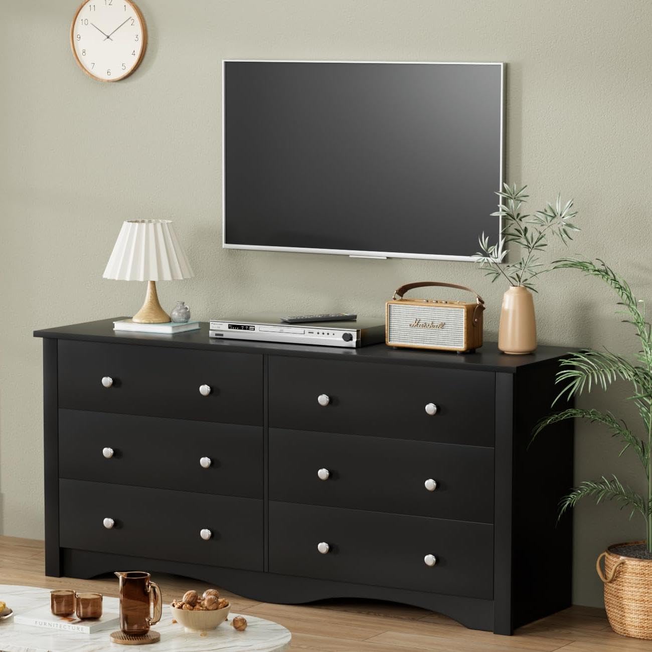 YESHOMY Dresser for Bedroom with 6 Drawer, Wood Wide Chest Storage Organizer and TV Stand for Living Room, Hallway, Dormitory, Black