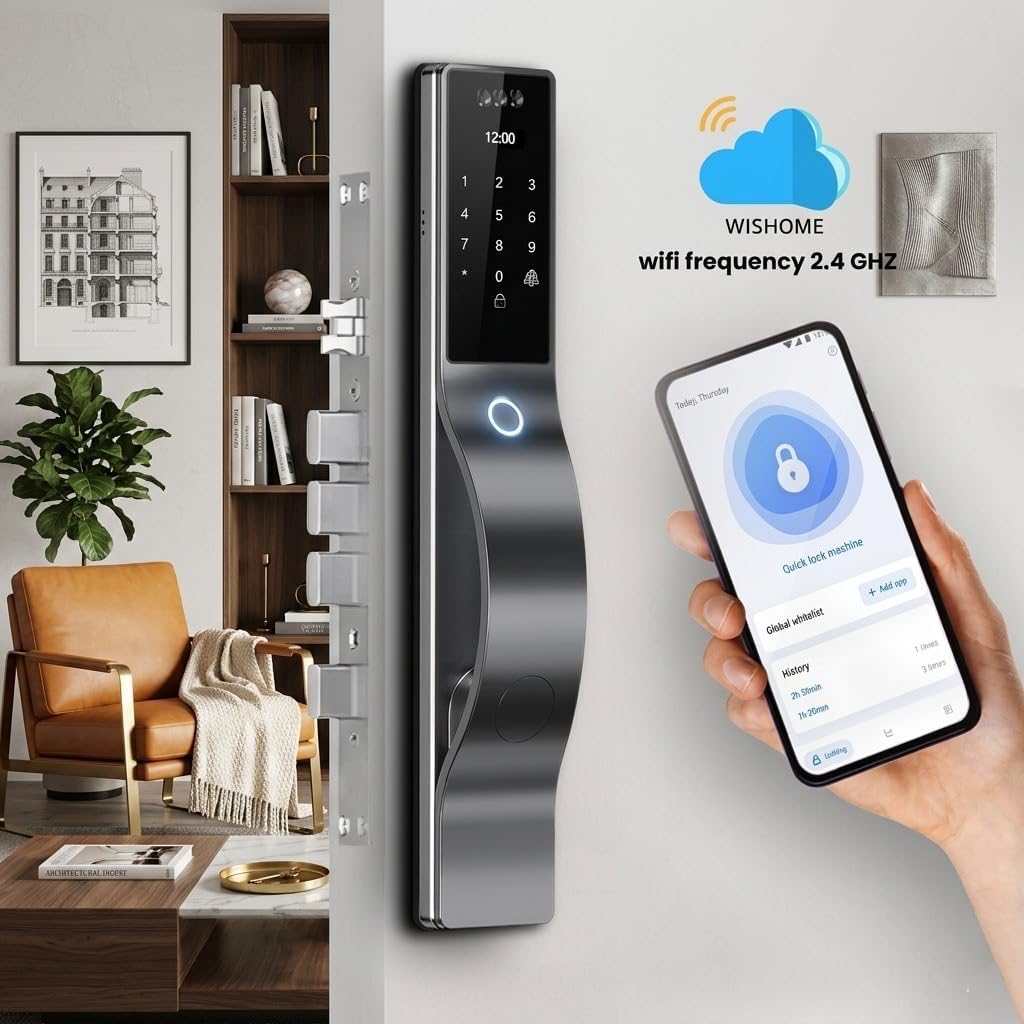 Smart Door Lock with Camera: 3D Face Recognition, Keyless Door Lock with Biometric Fingerprint, Passcode, IC Card, Mechanical Key, Doorbell, Video Intercom, WiShome App, Auto-Lock, Front Door Lock