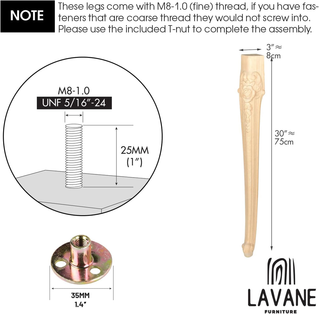La Vane 30 inch / 75cm Wooden Furniture Legs, Set of 4 European Style Solid Wood Carving Unfinished Furniture Replacement Feet Decoration for Sofa Cabinet Wardrobe Table Loveseat