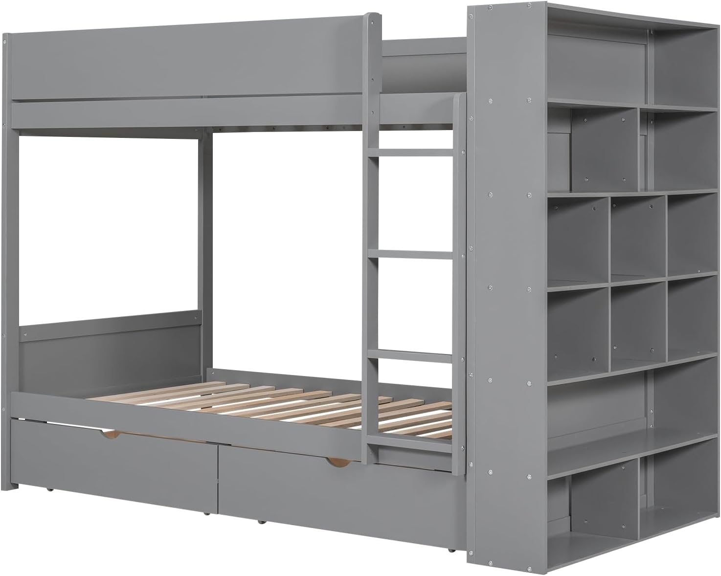 Merax Twin Over Twin Bunk Bed with 2 Drawers and Multi-Layer Cabinet, Gray