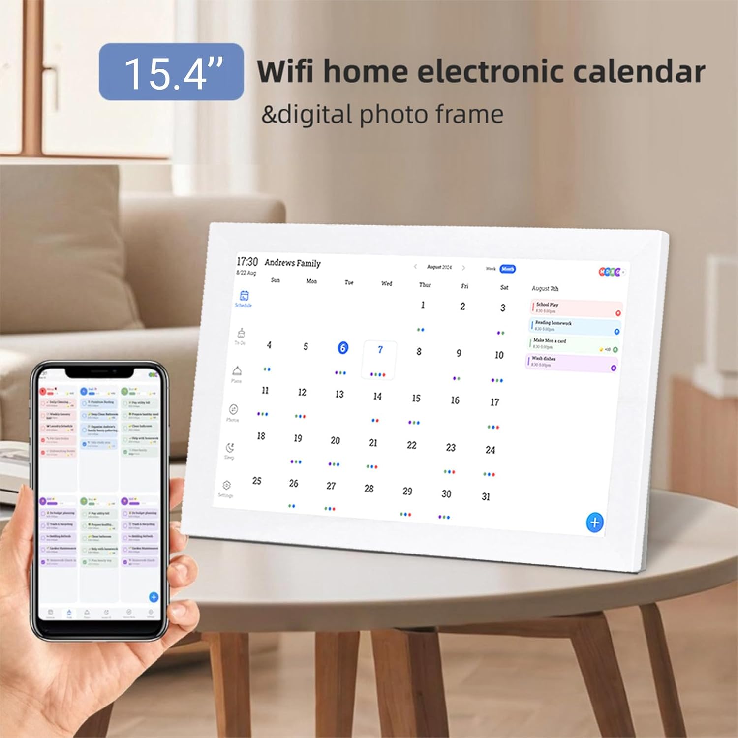 Fabater 15.4 Inch Smart Digital Calendar, Touchscreen Family Planner & Calendar with Chore Chart & Meal Planner, WiFi Digital Photo Frame with APP for Family Schedule (US Plug)