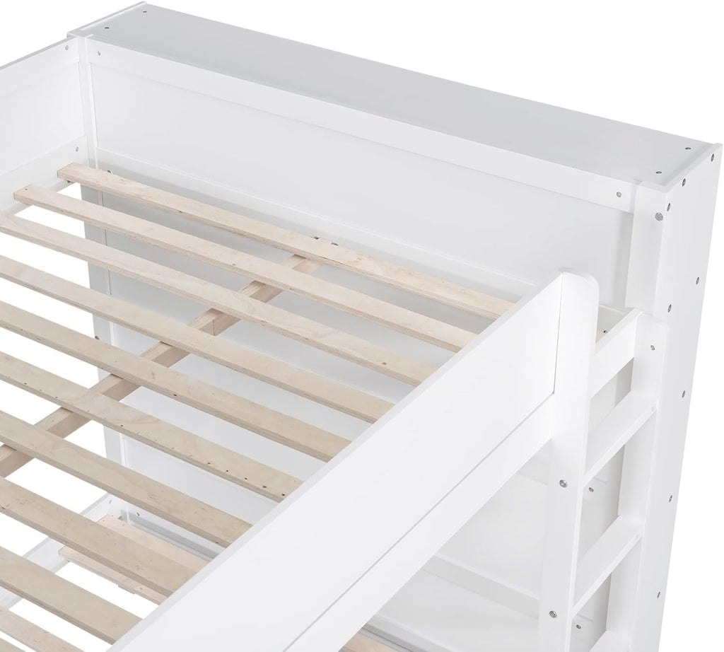 Full Over Full Bunk Bed with Bookcase, Wood Bunk Bed Frame with 2 Drawers and Multi-Layer Cabinet Storage Shelves, Bed with High Guardrails for Kids Teens (White, Full)