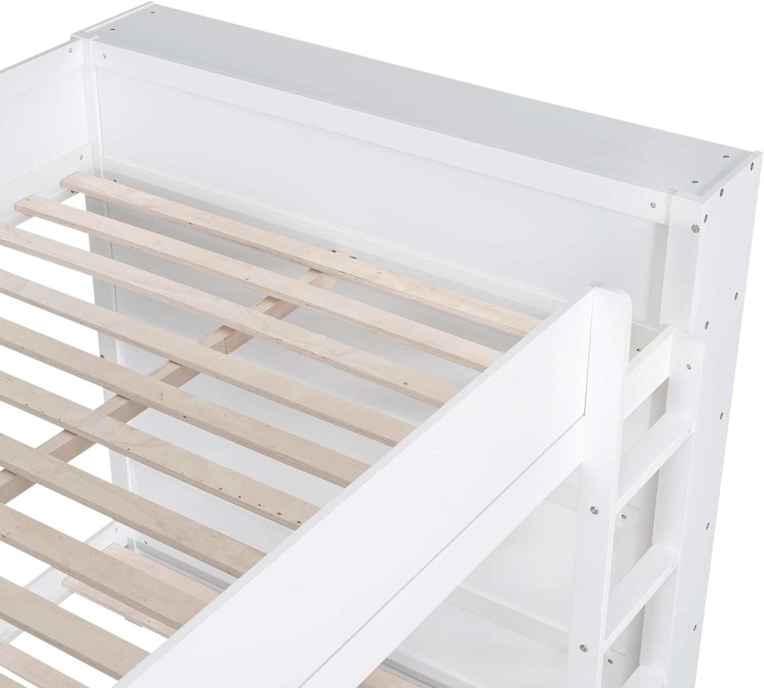 Full Over Full Bunk Bed with Bookcase, Wood Bunk Bed Frame with 2 Drawers and Multi-Layer Cabinet Storage Shelves, Bed with High Guardrails for Kids Teens (White, Full)