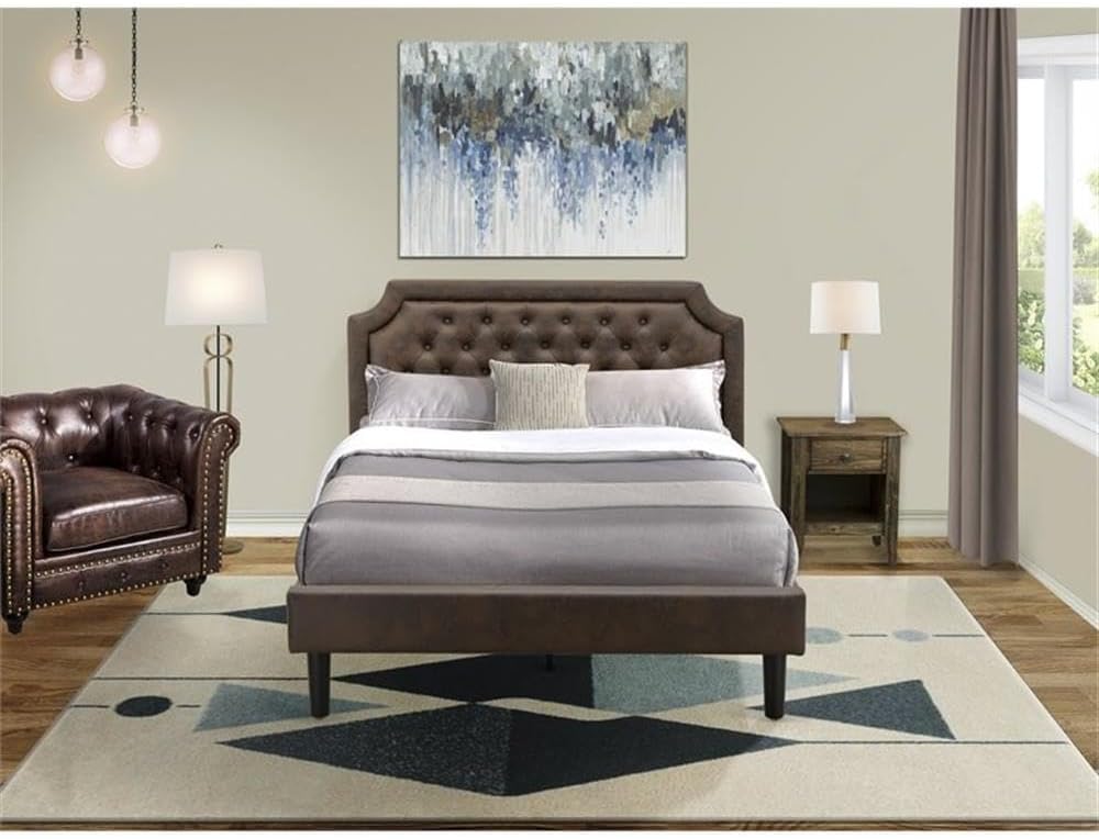 East West Furniture GB25Q-1GA07 2-Piece Granbury Wooden Set for Bedroom with Button Tufted Modern Bed and 1 Distressed Jacobean Night Stand - Dark Brown faux Leather with Black Texture and Black Legs
