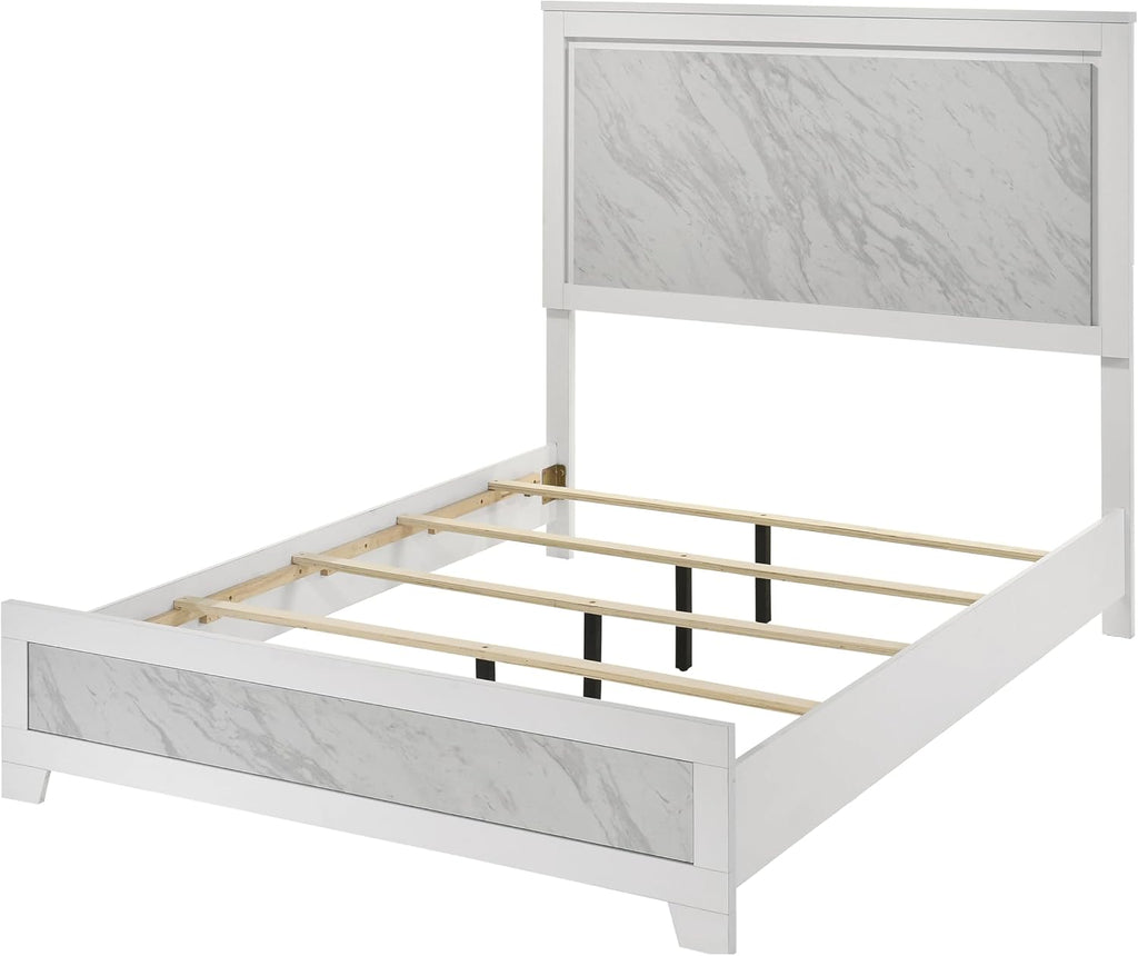 Furniture of America Anton Modern Solid Wood 6-Piece Bedroom Set with Faux Marble Headboard Bed, Metal Center Glide on Nightstands, Chest and Dresser with Mirror, Box Spring Needed, Full, White