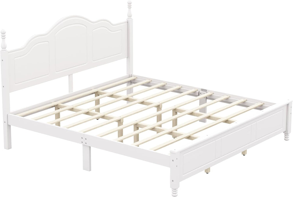 JIVOIT Wood King Bed Frame with Headboard and Footboard, Retro Style Platform Bed with Wooden Slat Support, Solid Wood Foundation, King Size Wooden Bed Frame (White,King Bed, 1)