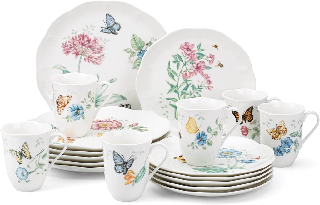Lenox Dinnerware Set, Butterfly Meadow 18-Piece Set, Service For 6, White Porcelain, Butterfly And Flower Designs, Plates And Bowls Sets, Dishwasher Safe, Home & Kitchen (Assorted, 18 Pieces)