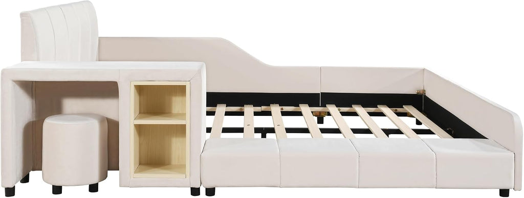 Full Size Upholstered Grounded Bed,Mother & Child Bed with Bedside Desk and Little Round Stool,for Kids Boys Girls Bedroom Use (Beige@Desk/, Full)