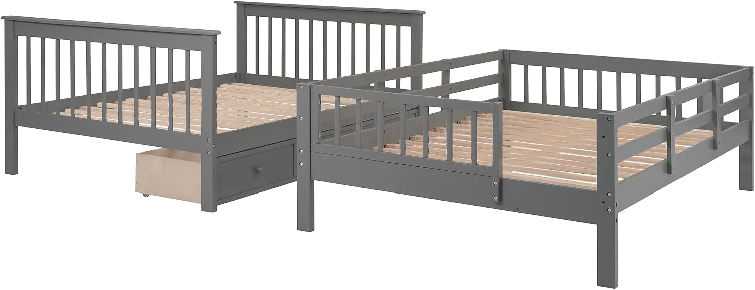 Harper & Bright Designs Full-Over-Full Bunk Bed with Storage Drawers, Soild Wood Stairway Bunk Bed with Full-Length Guard Rail Can Be Divided into 2 Beds for Boys Girls, No Box Spring Needed(Grey)