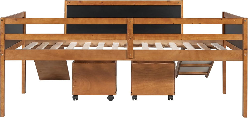 JIVOIT Twin Size Low Loft Bed with Climbing Frame & Rope, Wood Loft Bed Frame with Two Storage Boxes, Slide and Double-Sided Chalkboard, Pine Wood Bed Frame for Teens (Natrual+Rope)