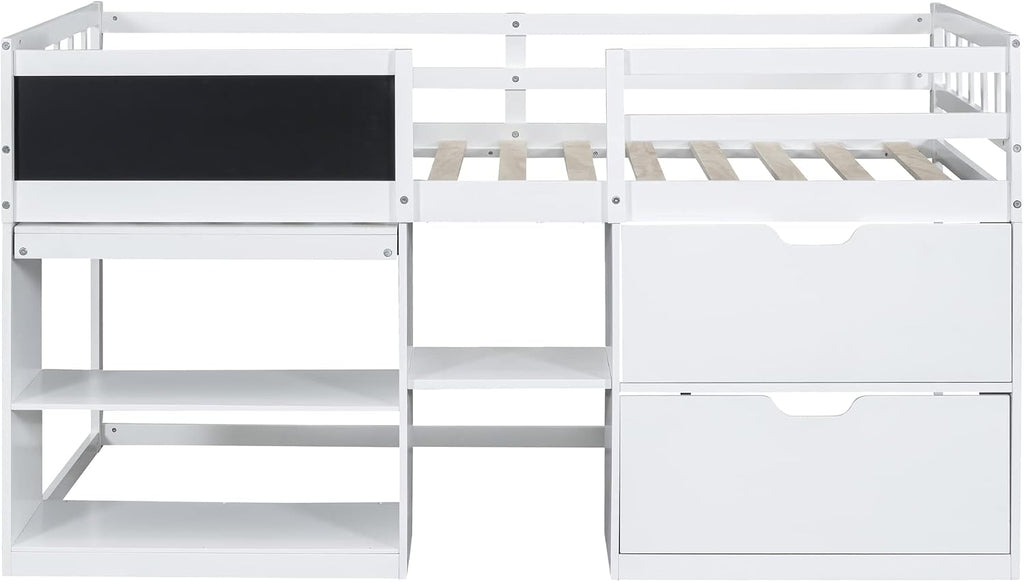 JIVOIT Wooden Low Loft Bed Frame with Rolling Desk, Two Drawers and Two-Tier Bookshelf, Twin Size Loft Bed with Blackboard, Full-Length Guardrail and Built-in Stair (White with Rolling Desk 013)