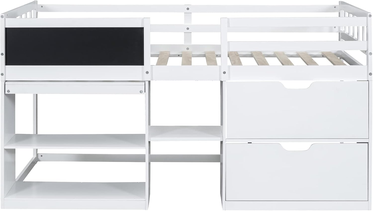 JIVOIT Wooden Low Loft Bed Frame with Rolling Desk, Two Drawers and Two-Tier Bookshelf, Twin Size Loft Bed with Blackboard, Full-Length Guardrail and Built-in Stair (White with Rolling Desk 013)
