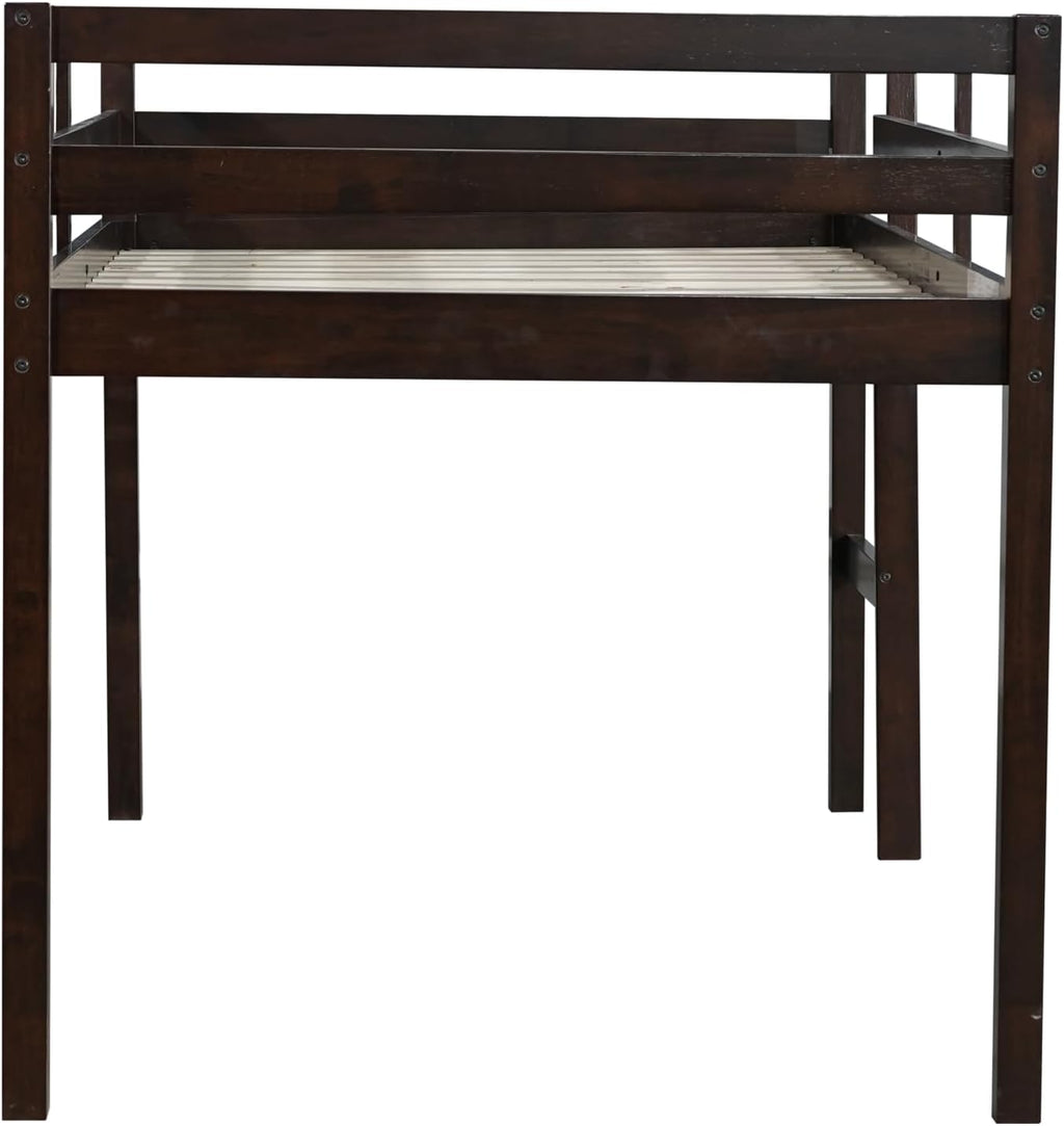 JIVOIT Wood Low Loft Bed Frame with Ladder, Solid Rubber Wooden Twin Loft Bed, Bed Platform of Strengthened Slats, Space Saving Design, No Box Spring Needed (Espresso,104)