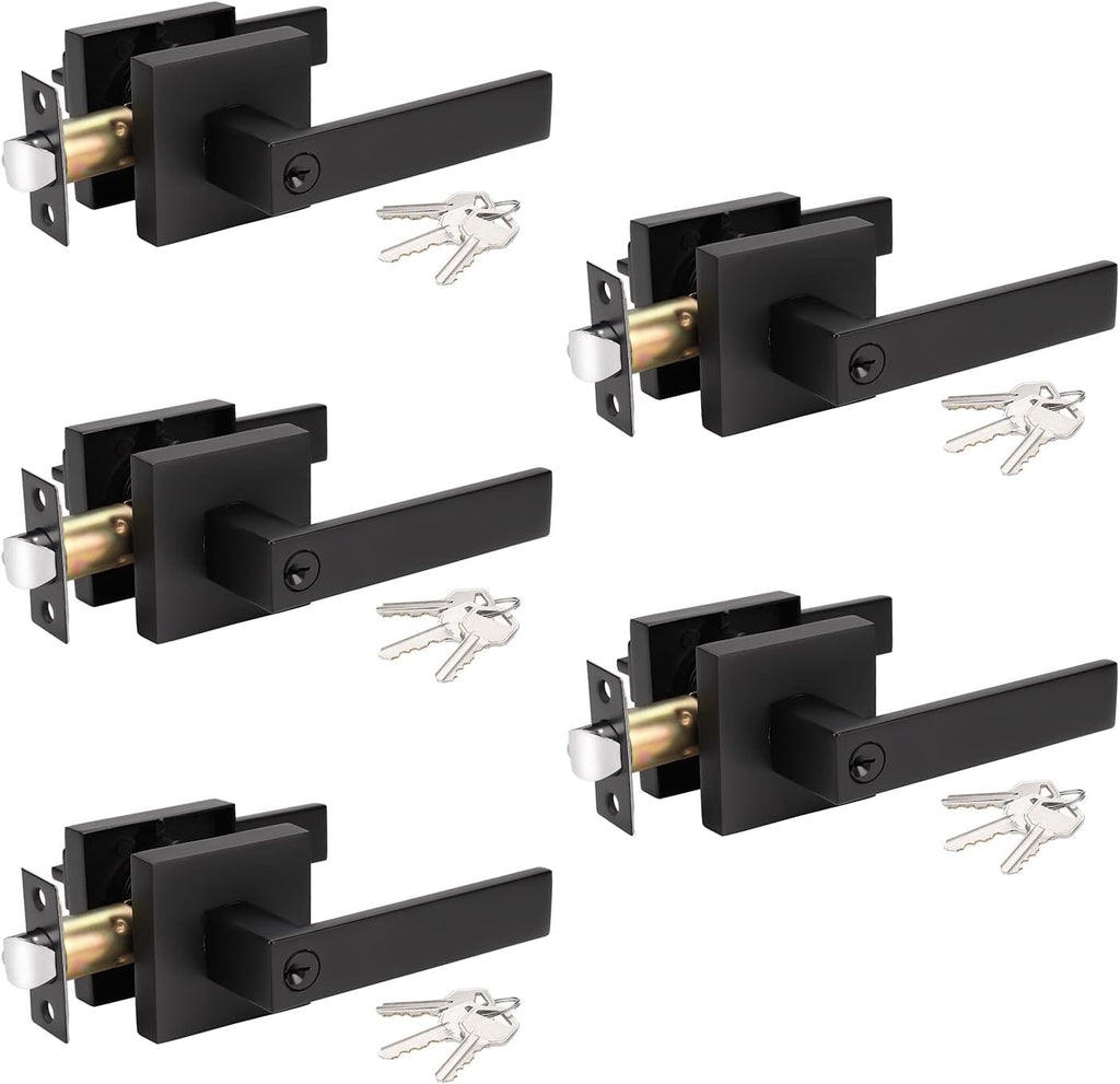 KNOBWELL 5 Pack Heavy Duty Entrance Door Lever Handle(for Office/Front Door), Left/Right Handing, Keyed Alike Black Doorknobs, Matte Black 2.13 lb One Lever
