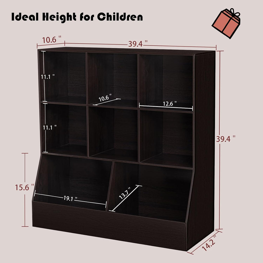 DINZI LVJ Toy Storage Organizer, Kids Bookshelf, Wood Toy Storage Cabinet, 3-Tier 8 Cubby Children Bookcase, 39.4' L Toddler Book Shelf for Playroom, Living Room, Nursery, Hallway, Classroom, Espresso