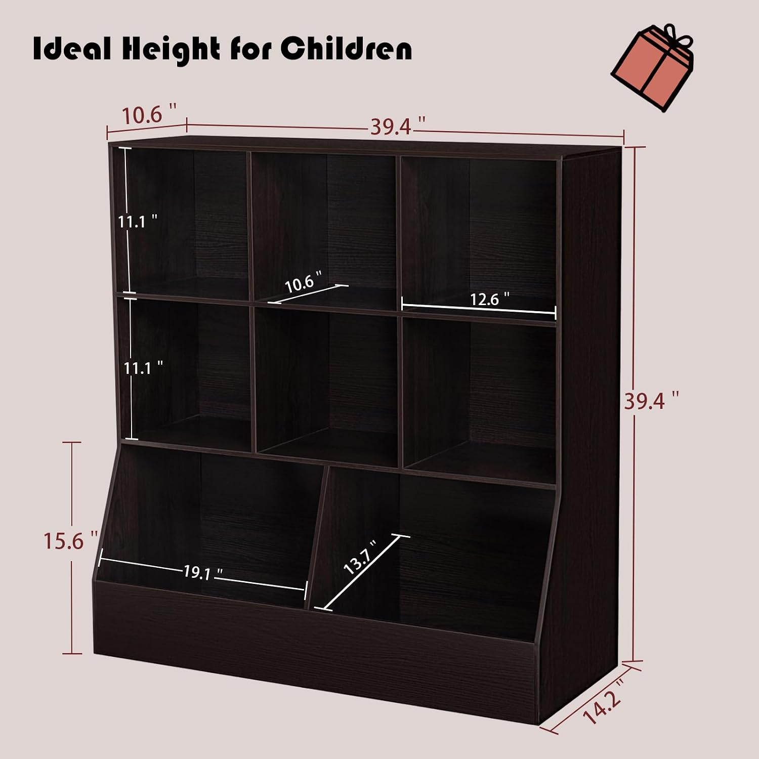 DINZI LVJ Toy Storage Organizer, Kids Bookshelf, Wood Toy Storage Cabinet, 3-Tier 8 Cubby Children Bookcase, 39.4' L Toddler Book Shelf for Playroom, Living Room, Nursery, Hallway, Classroom, Espresso