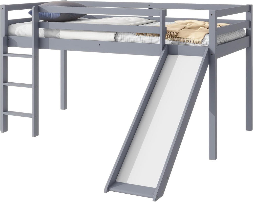 JIVOIT Twin Size Low Loft Bed with Slide and Ladder, Rubber Wood Twin Loft Bed with Wood Slats Support, No Box Spring Needed (Grey/407)