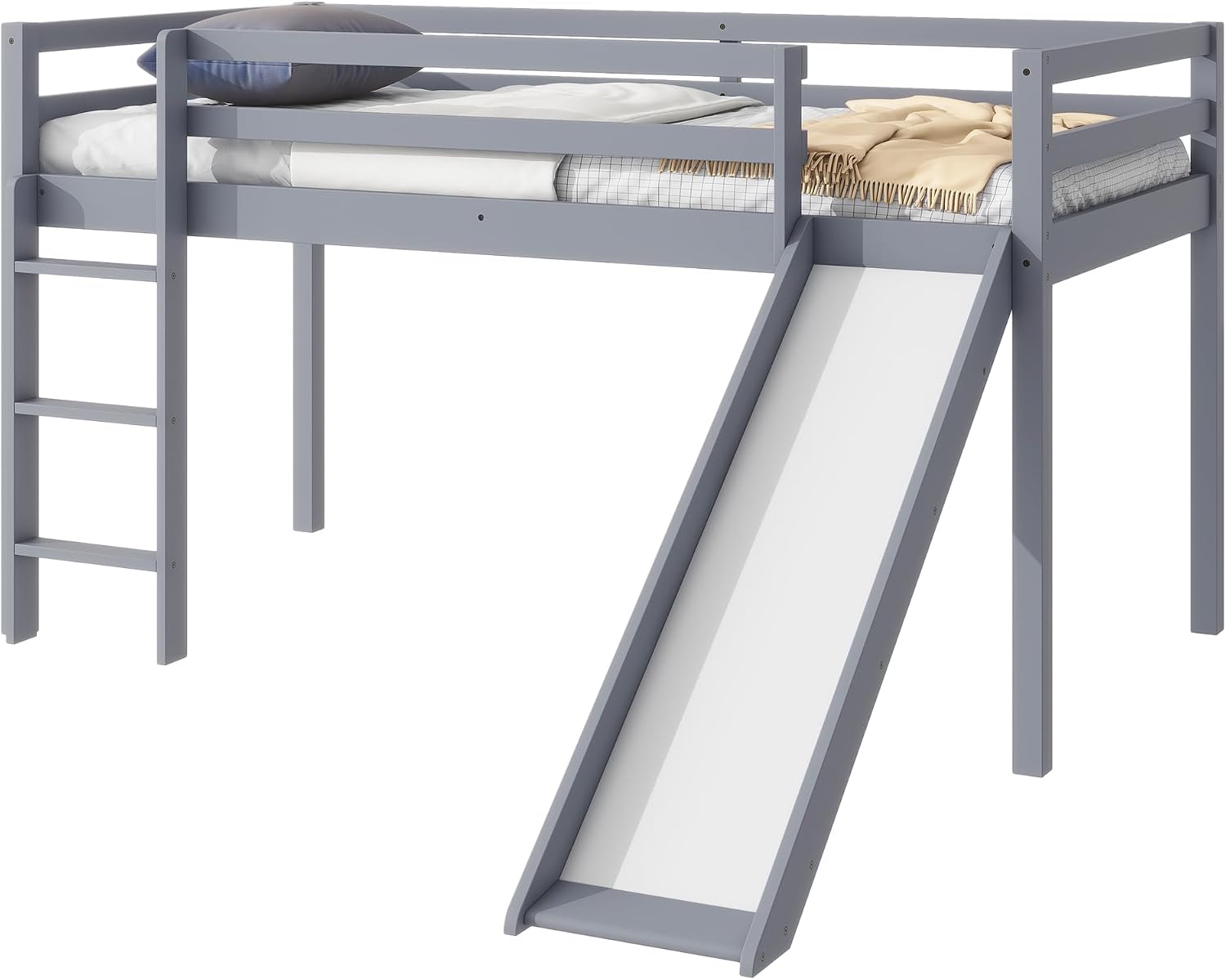JIVOIT Twin Size Low Loft Bed with Slide and Ladder, Rubber Wood Twin Loft Bed with Wood Slats Support, No Box Spring Needed (Grey/407)