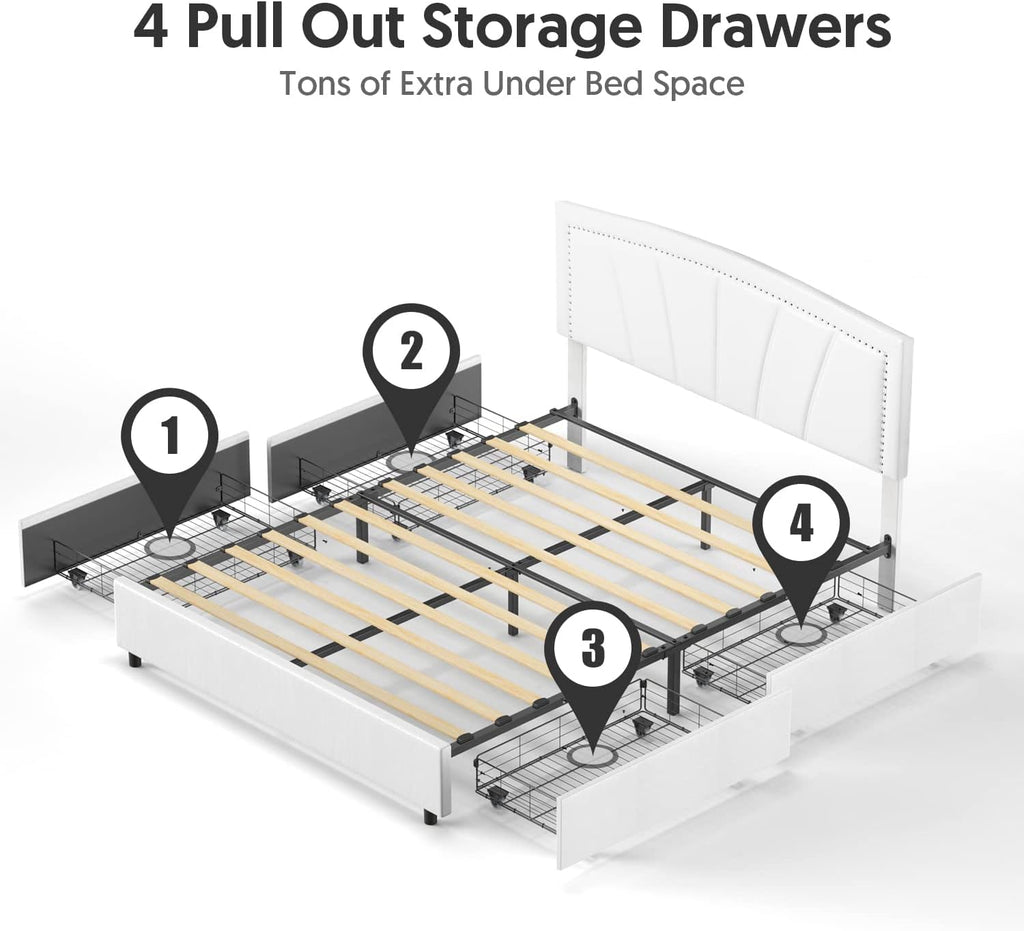 BONSOIR Full Size Storage Bed Frame Upholstered Low Profile Traditional Platform with Tufted and Nail Headboard/No Box Spring Needed/4 Pull Out Drawers/White Faux Leather