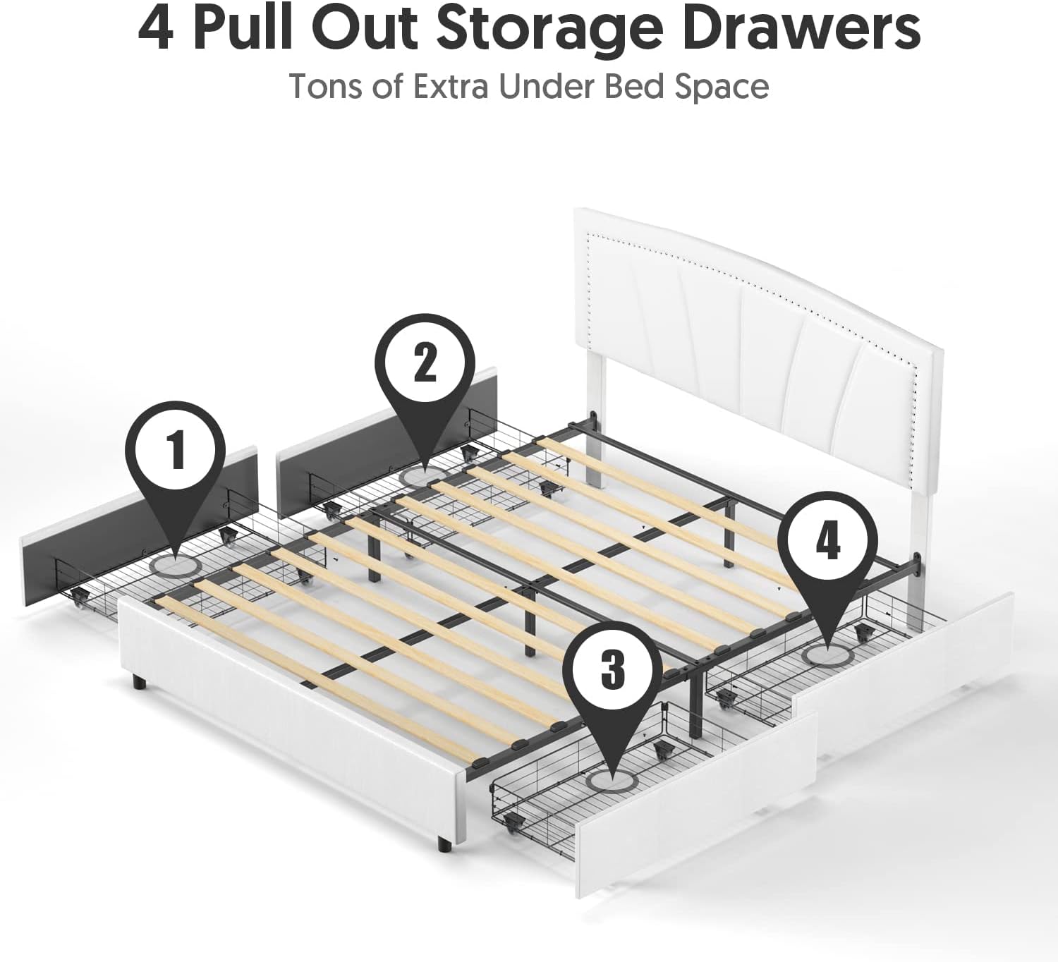 BONSOIR Full Size Storage Bed Frame Upholstered Low Profile Traditional Platform with Tufted and Nail Headboard/No Box Spring Needed/4 Pull Out Drawers/White Faux Leather