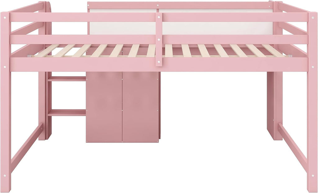 JIVOIT Full Size Loft Bed with Built-in Desk, Wooden Low Loft Bed with Storage Cabinets and Open Bookcase, Whiteboard for Graffiti, Safety Guardrail & Ladder, Easy Assembly (Pink//57)