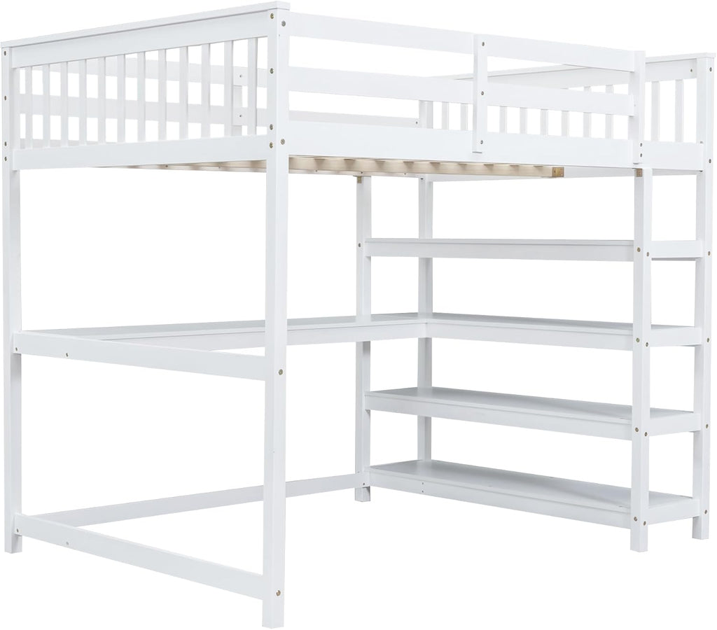 Merax Wood Loft Bed with Desk : Twin Size Loft Bed with 4-Storage Shelves and Under-Bed Desk Solid Wood Bed, White