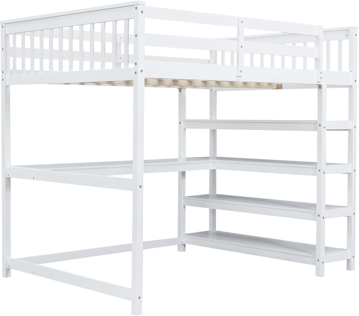 Merax Wood Loft Bed with Desk : Twin Size Loft Bed with 4-Storage Shelves and Under-Bed Desk Solid Wood Bed, White