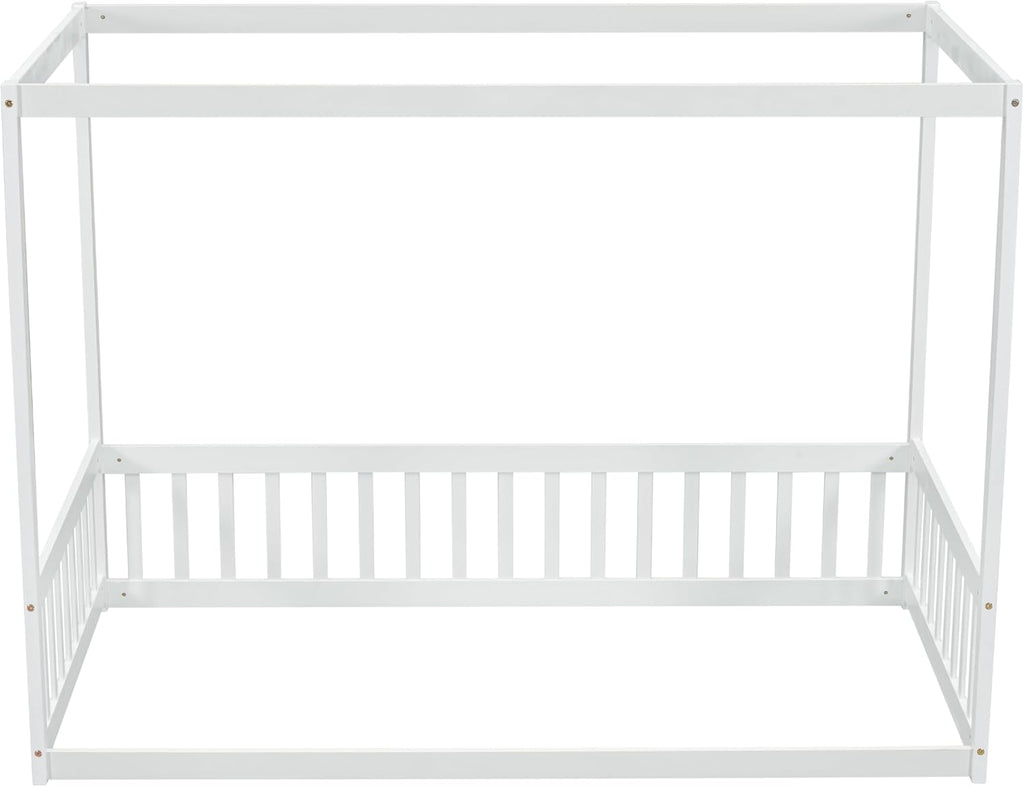 Twin Size Canopy Bed Frame with Guardrails for Kids,Floor Bed Twin with Four Poster Design,Kids Montessori Floor Bed,Wood Canopy Bed Frame for Girls,Boys(Twin,White)