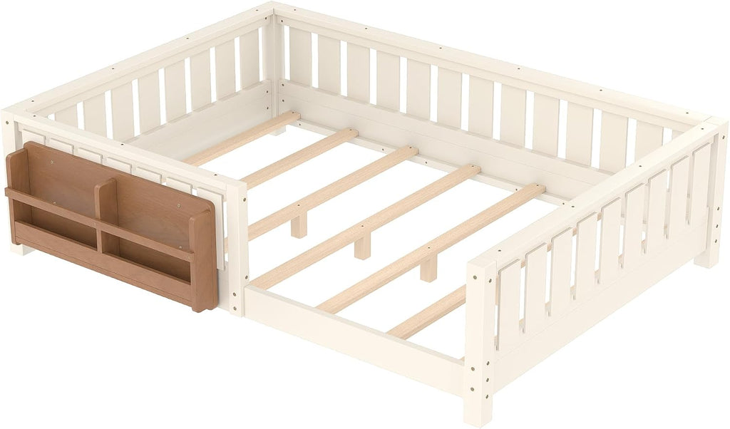Bellemave Beige Montessori Floor Bed with Fence and Slats, Full Size Montessori Floor Bed with Bookcase and High Rails, Easy Assemble Bed Frame for Girls, Boys, Full
