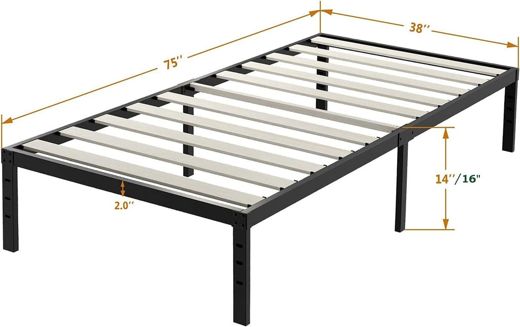 ZIYOO Twin Bed Frames, 3' Wide Wood Slats with 2500 lbs Support for Mattress, 16 Inch High, No Box Spring Needed, Noise Free, Non-Slip, Easy Assembly