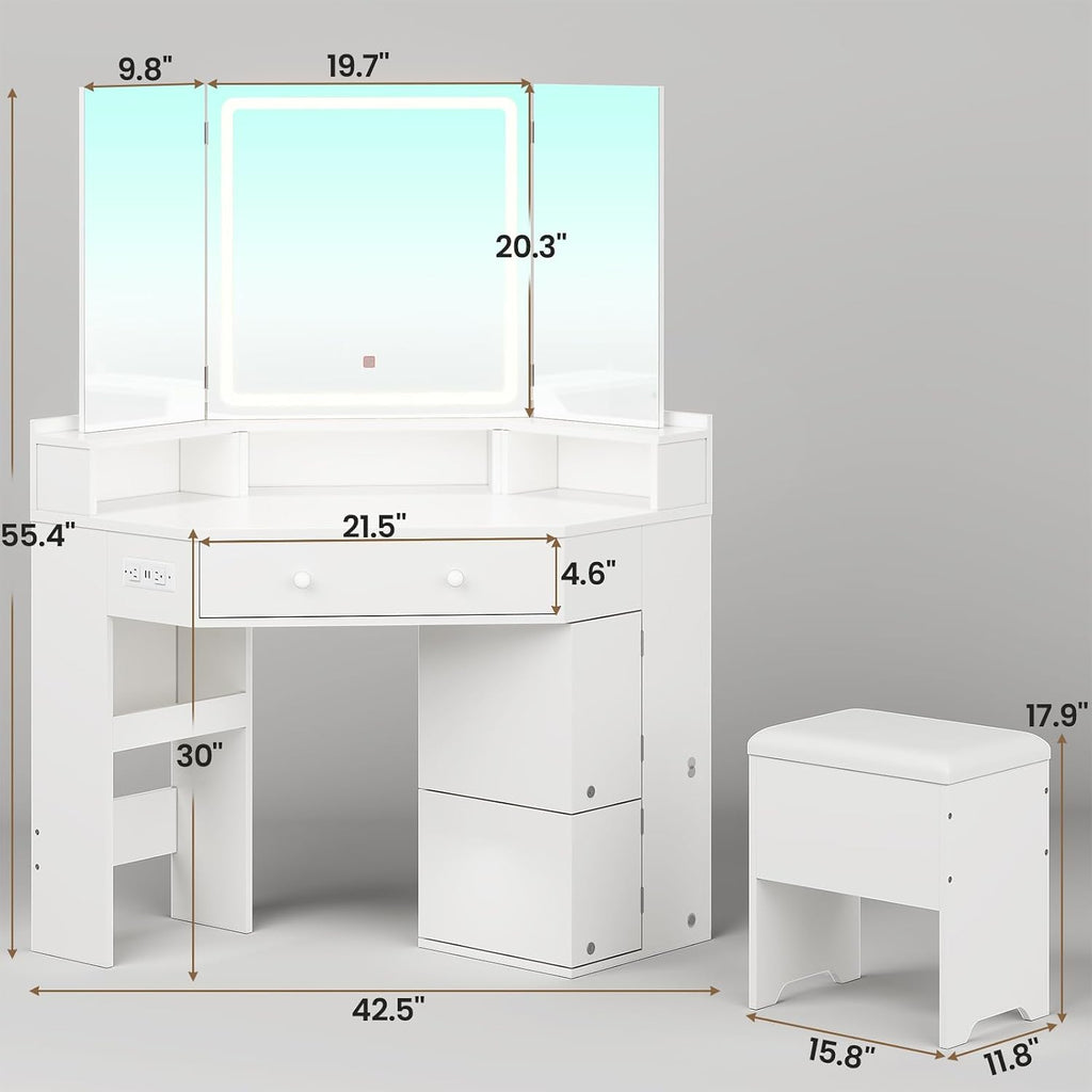 HAUOMS Vanity Desk with Tri-Fold Mirror and Lights, Storage Stool, Corner Makeup Vanities with Drawers & Power Outlet, 3 Light Settings, Dimmable for Bedroom, Women Girls, White