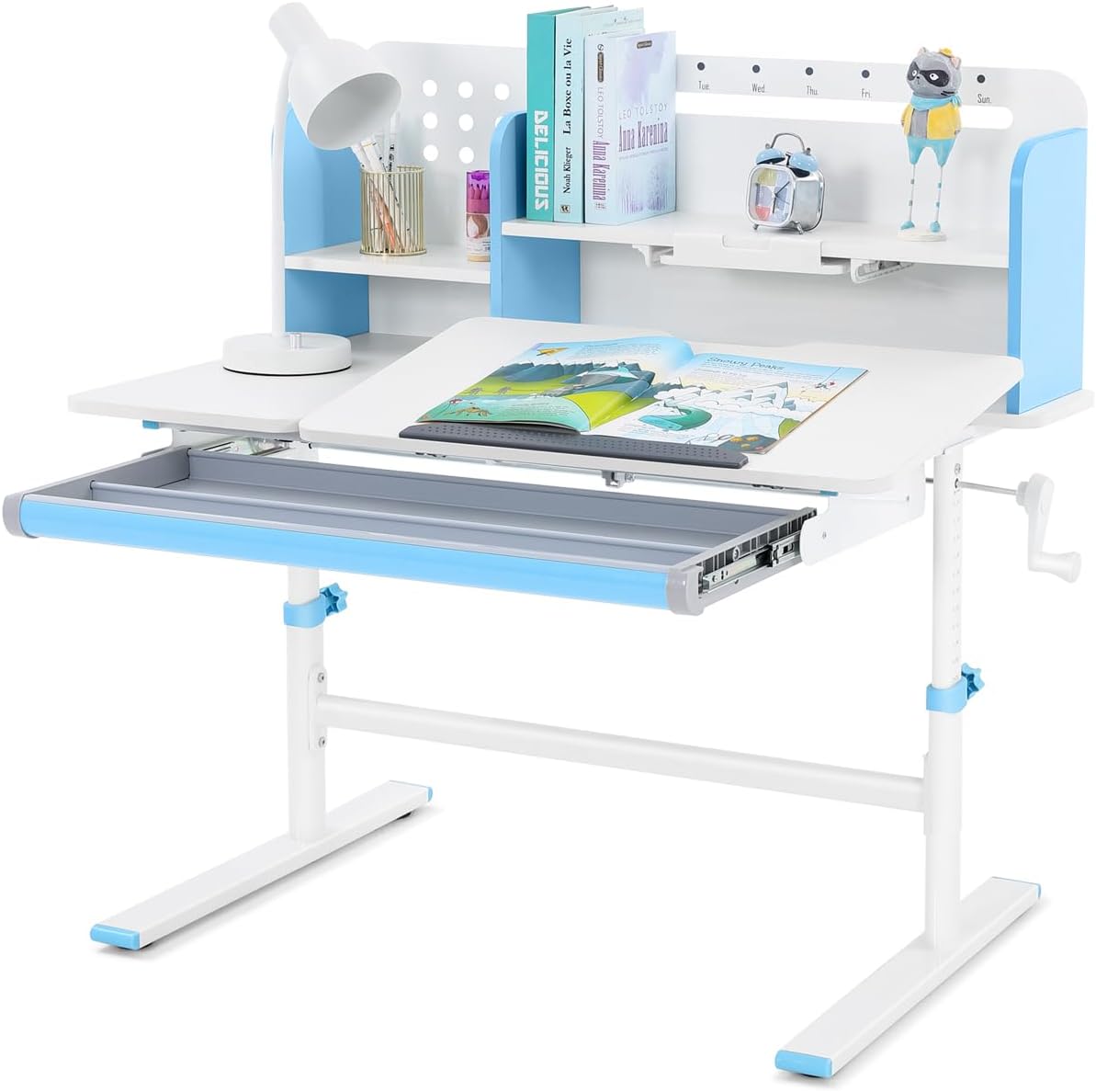 COSVALVE 39in Wide Adjustable Height Kids Desk with Tilting Desktop, Steel Frame, Drawer, and Bookshelf Hutch, Study Child Table for Ages 3-12, Blue