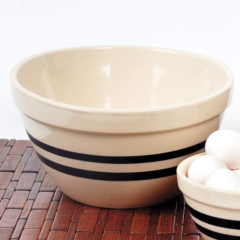 Ohio Stoneware Shoulder Bowls USA Made Tan with Blue Stripe Set of 3 Sizes