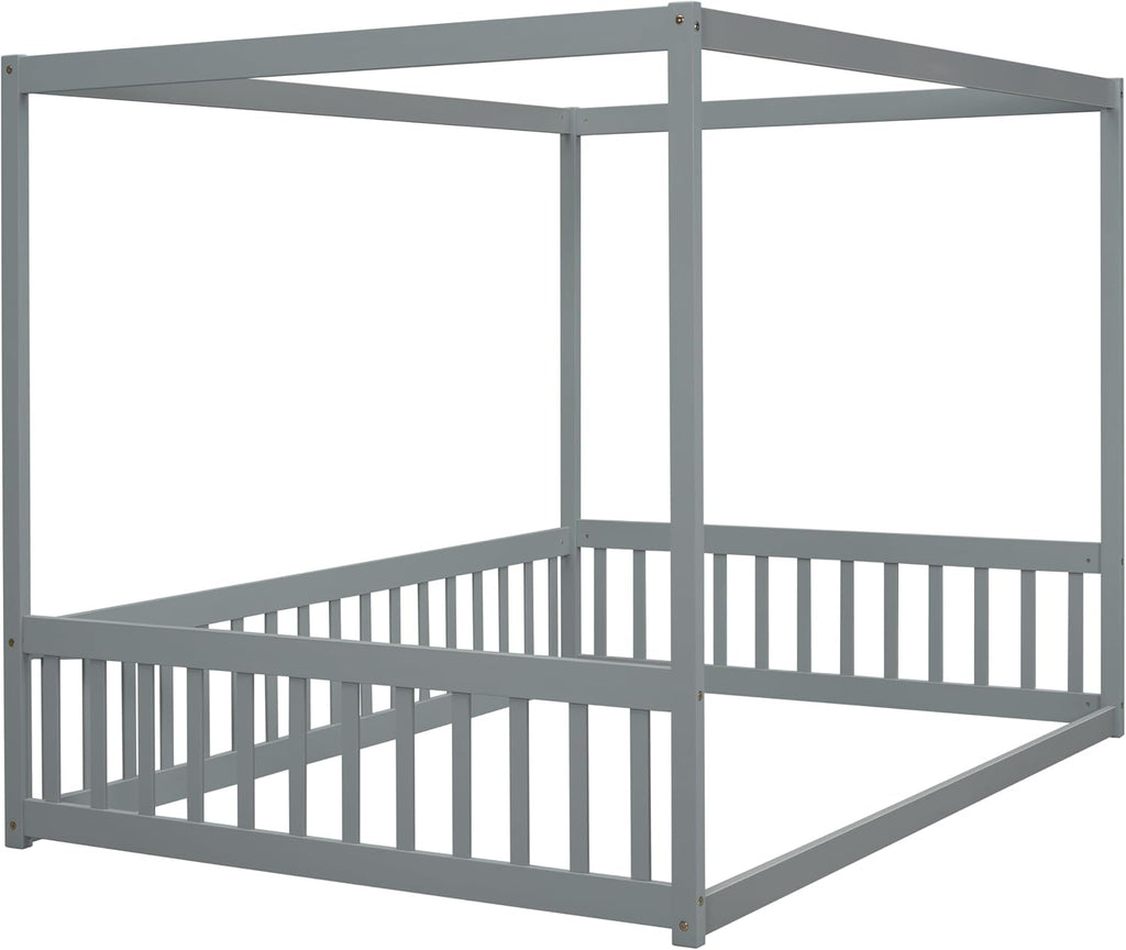 Full Size Canopy Bed Frame with 4 Posters and Guardrails for Kids, Wood Montessori Floor Bed Full Size with High Fence for Girls & Boys, Easy Assemble, Montessori Beds,Gray