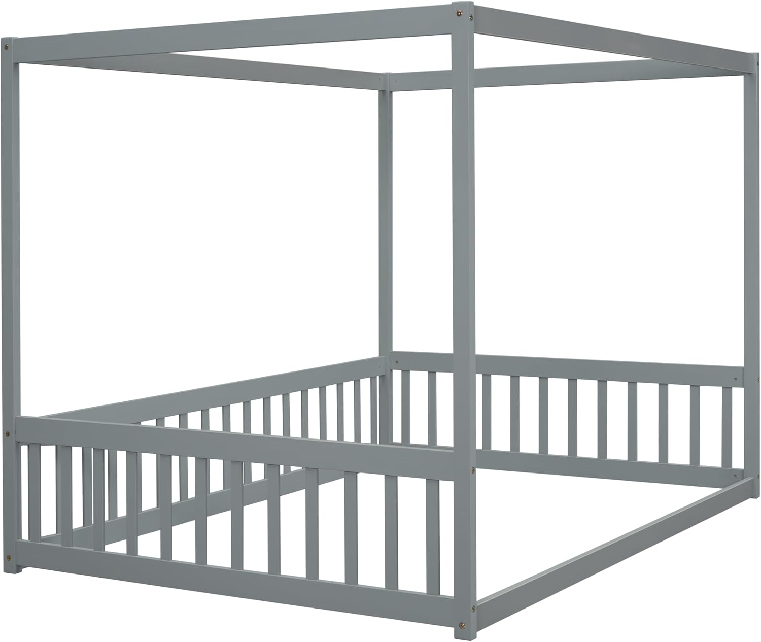 Full Size Canopy Bed Frame with 4 Posters and Guardrails for Kids, Wood Montessori Floor Bed Full Size with High Fence for Girls & Boys, Easy Assemble, Montessori Beds,Gray
