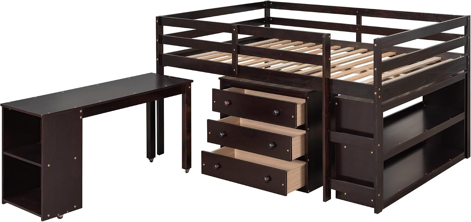 Full Size Low Loft Bed with Rolling Portable Desk, Wooden Loft Bed with Cabinet/Bookshelf/Drawers/Open Shelves for Kids Teens Adults, No Box Spring Required (Espresso-Full-Rolling Portable Desk)