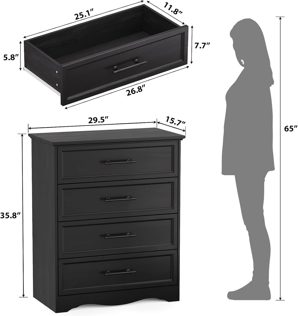 Black Dresser for Bedroom, Farmhouse 36' Tall 4 Drawer Chest with Sleek Brushed Metal Handles, Modern Wood Storage Cabinet with Unique Base Design, Closet Organizer for Bedroom, Living Room, Hallway
