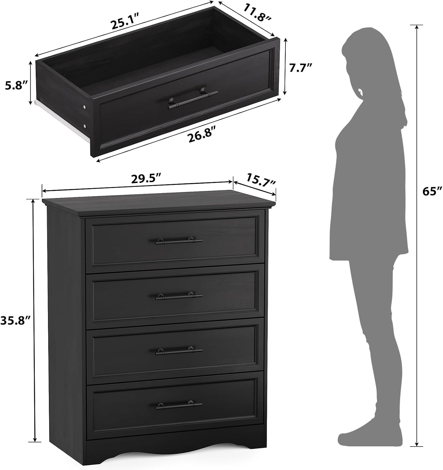 Black Dresser for Bedroom, Farmhouse 36' Tall 4 Drawer Chest with Sleek Brushed Metal Handles, Modern Wood Storage Cabinet with Unique Base Design, Closet Organizer for Bedroom, Living Room, Hallway