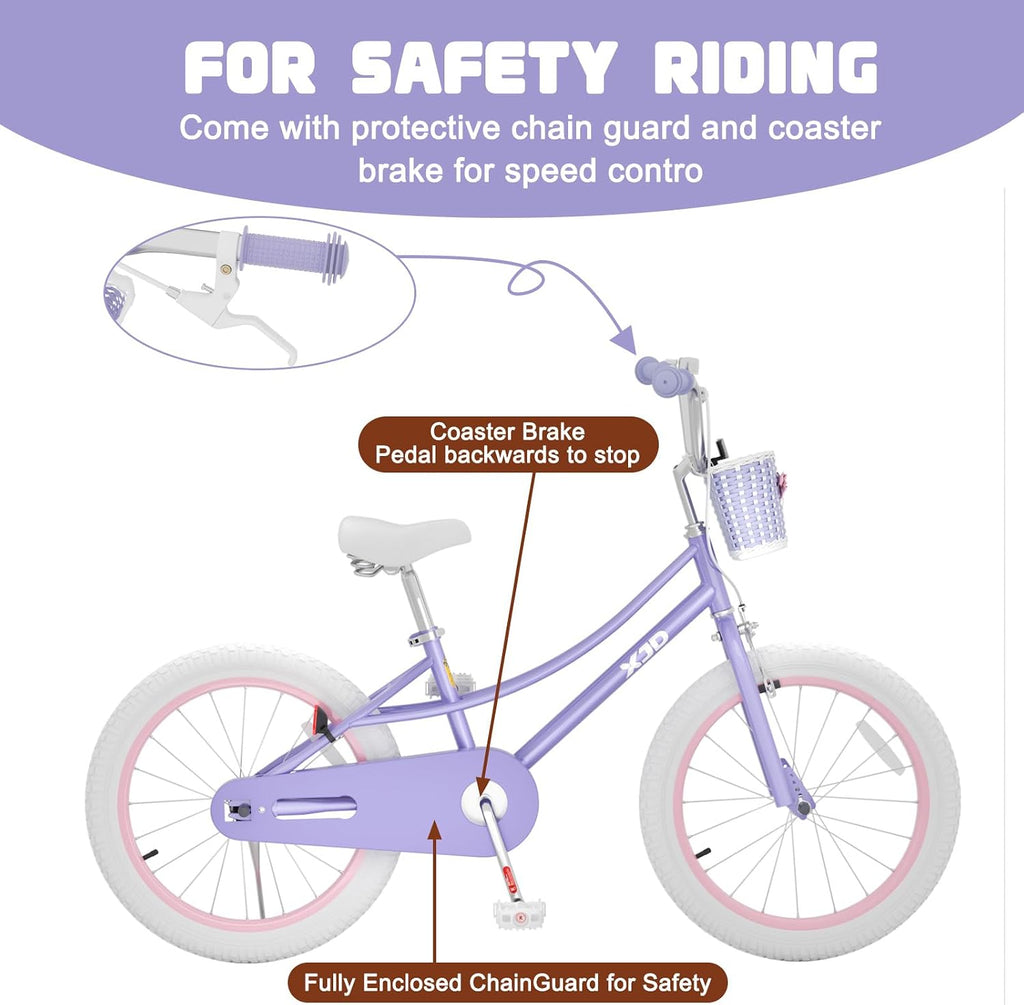 XJD Girls Bike for 3-12 Years Old Girls, 12 14 16 20 Inch Kids Bike with Training Wheels, Adjustable Seat Height, Coaster Brake, Streamers Basket