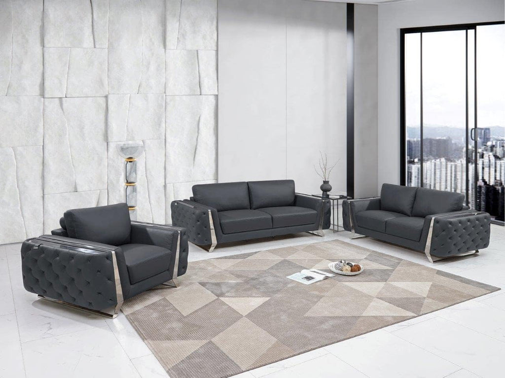 Blackjack Furniture Reggio Collection Full Grain Italian Leather Sofas for Living Room with Brazilian Wood Frame and Stainless Steel Legs, 3-Piece Set, Sofa, Loveseat, and Chair, Dark Gray